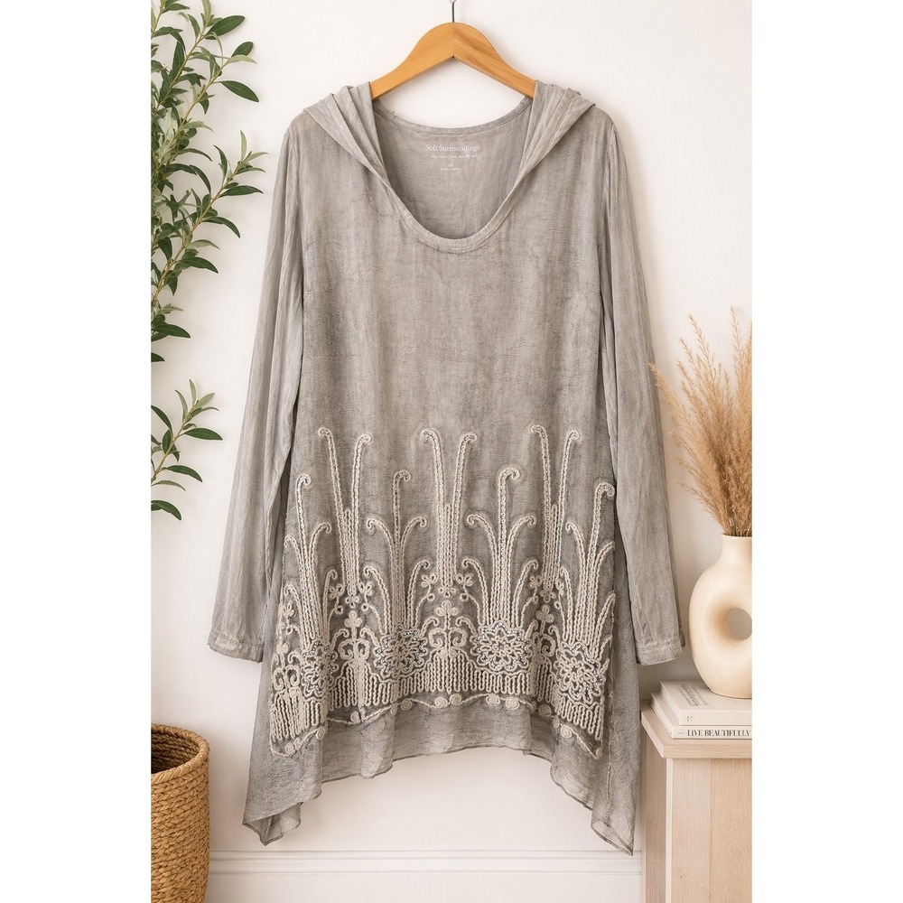 Soft Surroundings 3X Silk Hooded Tunic Embroidered Sequin Boho Gray Top